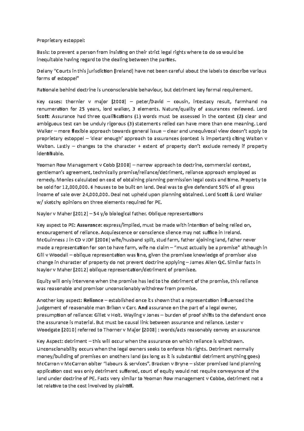 Proprietary Estoppel - Key Concepts and Case Summaries Notes - Studocu