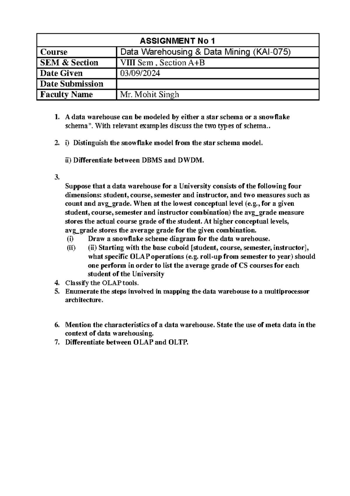 Assignment 1 - Datawarehouse and Data mining important question for ...