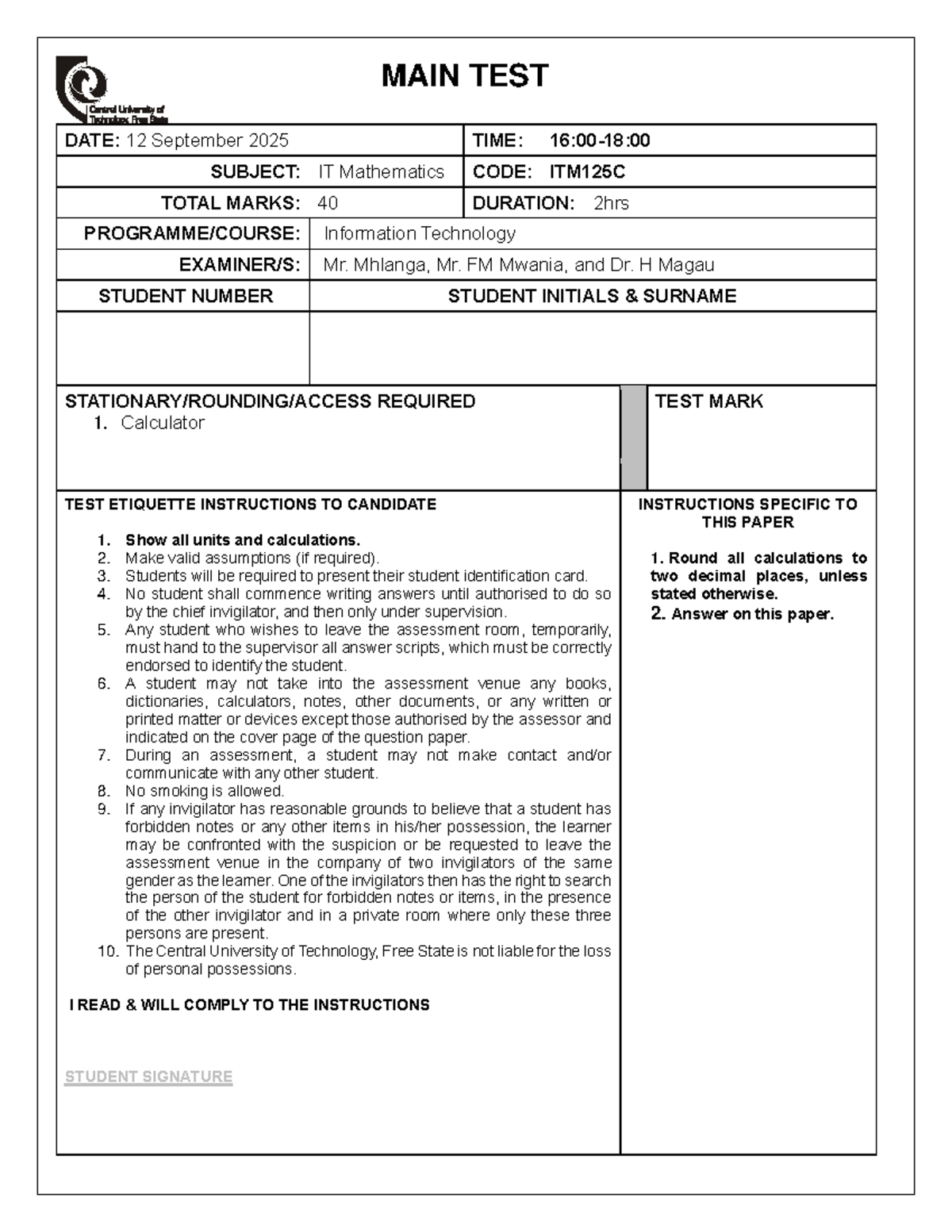 ITM125C TEST 2 2025 S2: IT Mathematics Exam Instructions & Questions ...