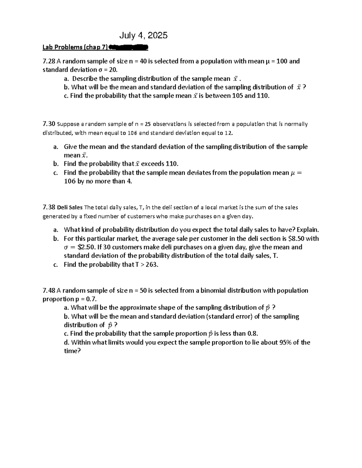 Lab 6 Problems (Chap 7) - Sampling Distributions & Probabilities - Studocu