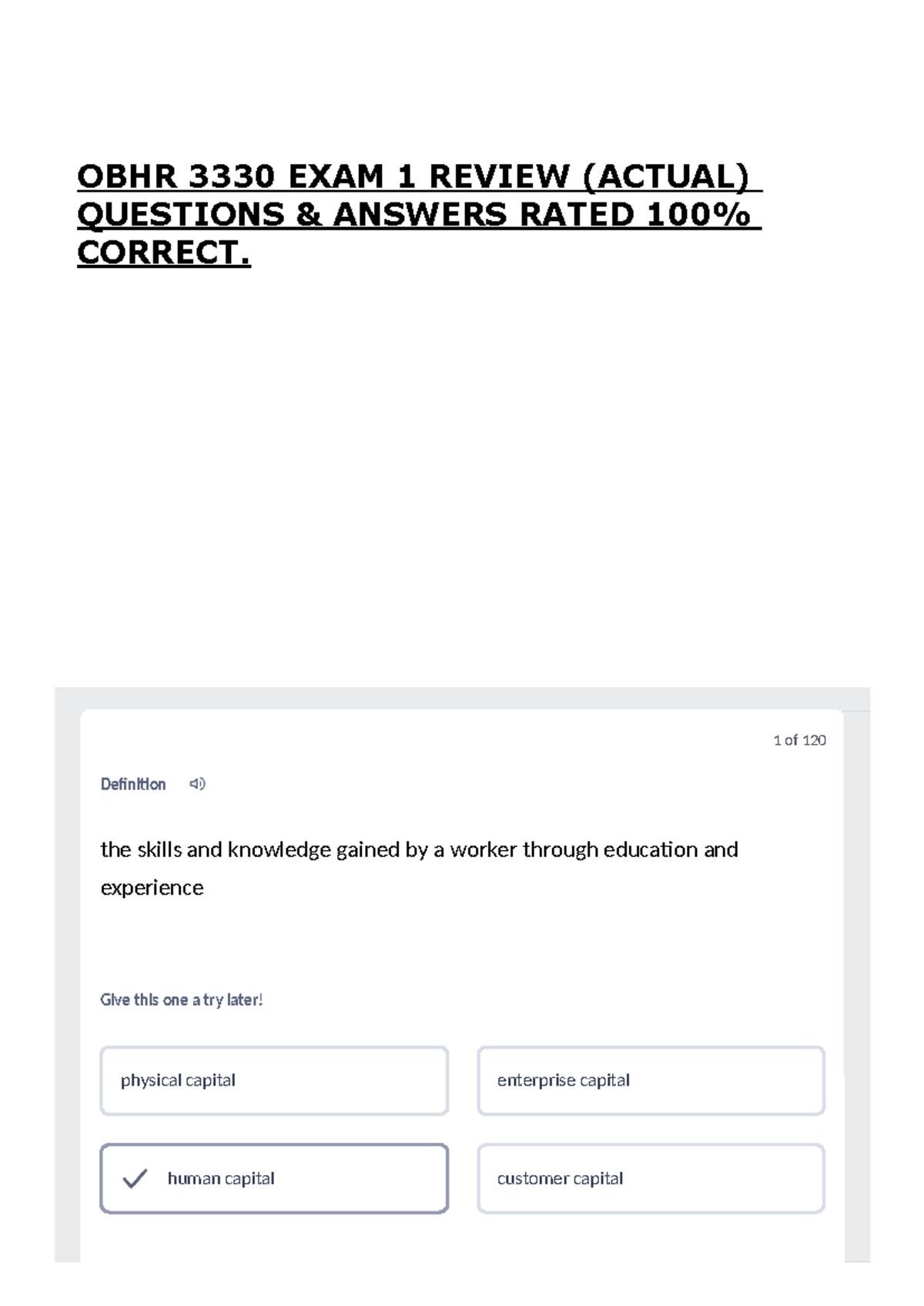 OBHR 3330 EXAM 1 Review (Actual) Questions & Answers 100% Correct - Studocu