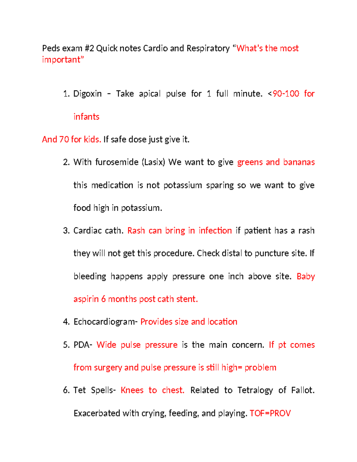 Peds Exam #2 Notes: Key Cardio & Respiratory Concepts for Review - Studocu