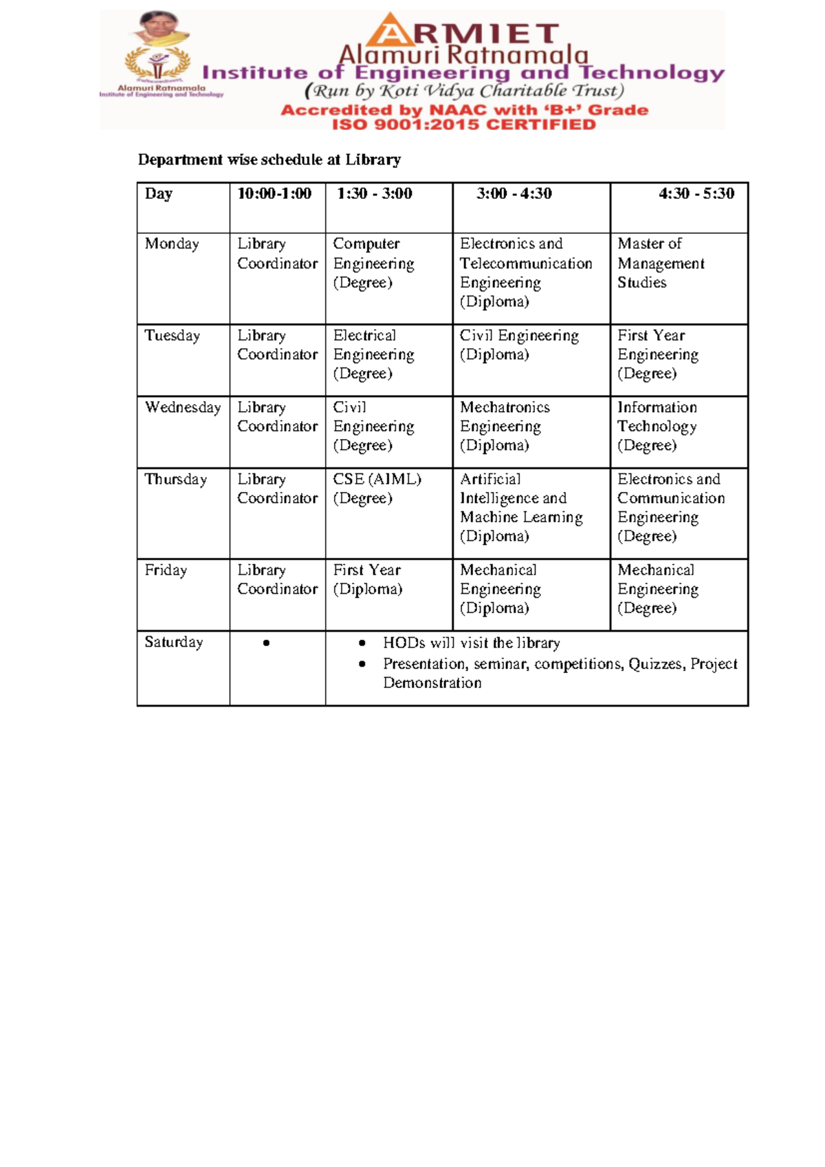Library Duty Schedule - Department wise schedule at Library Day 10:00-1 ...