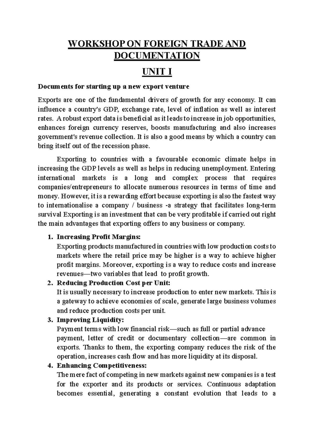 Unit I Notes - Foreign Trade - WORKSHOP ON FOREIGN TRADE AND ...