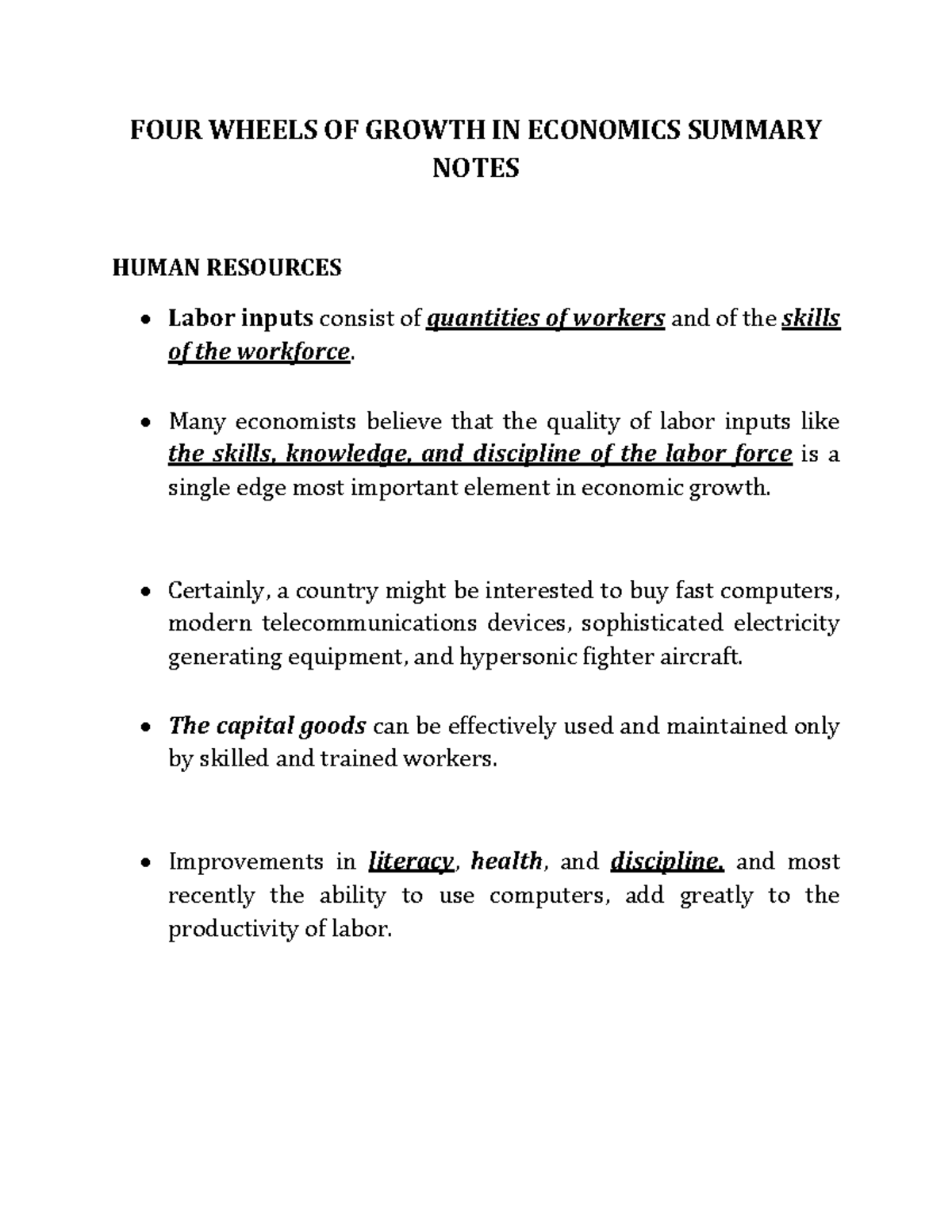 Four Wheels of Growth in Economics (Summary Notes) - Studocu