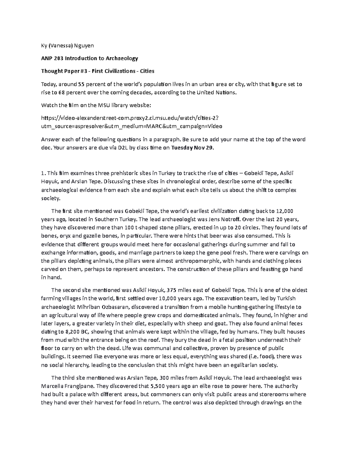 Thought Paper #3 - First Civilizations and Cities - Ky (Vanessa) Nguyen ...