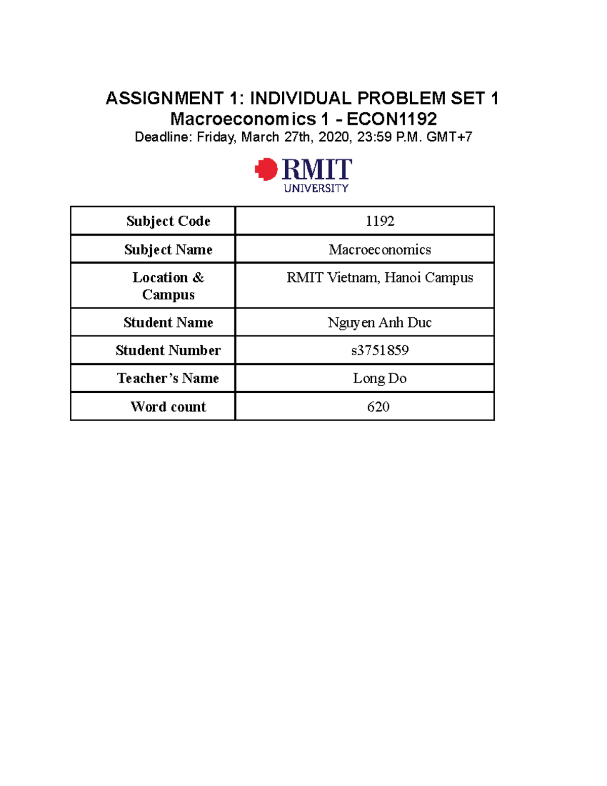 Macroeconomics 1 - Assignment 1 - Individual Problem Set 1 - ASSIGNMENT ...