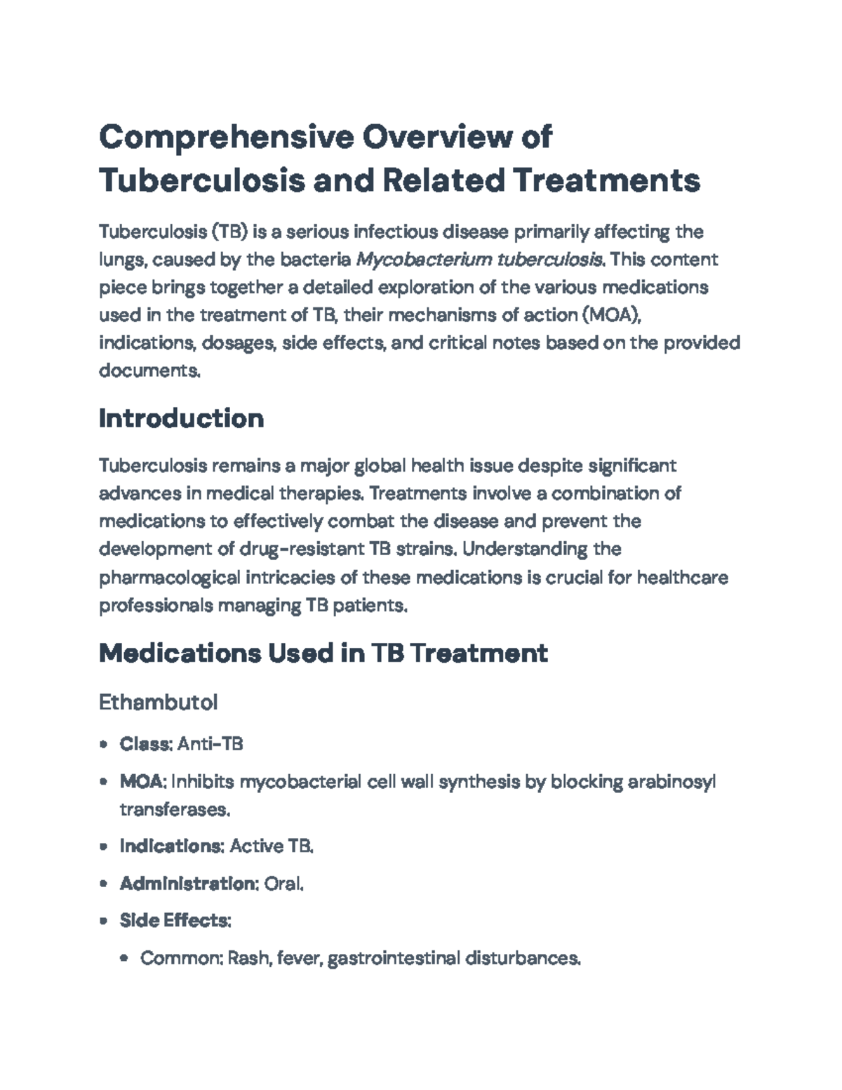 Comprehensive Guide to TB Treatment Medications and Protocols - Studocu