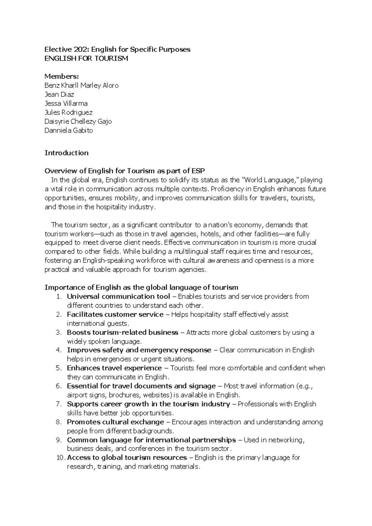Elective 202: English for Specific Purposes - Tourism Overview and ...