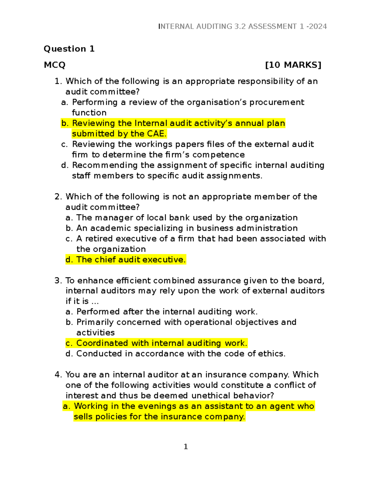 IA 3.2 - Internal Auditing Assessment 1 Questions and Answers - Studocu