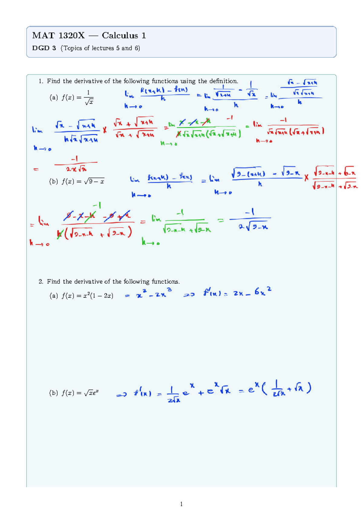 MAT 1320X Calculus 1 DGD 3 Solutions for Lectures 5 & 6 - Studocu