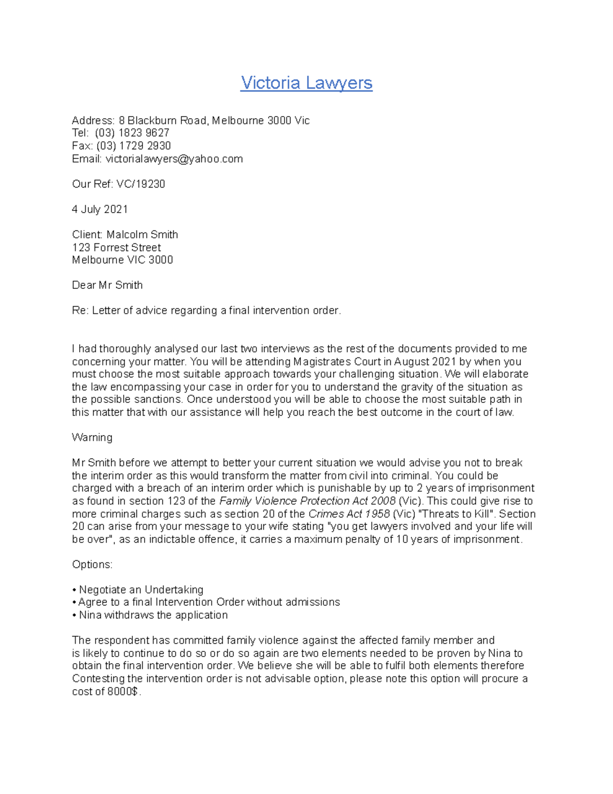 Assignment 1 - Legal Writing and Drafting - Michael Brkic - LLW1003 ...