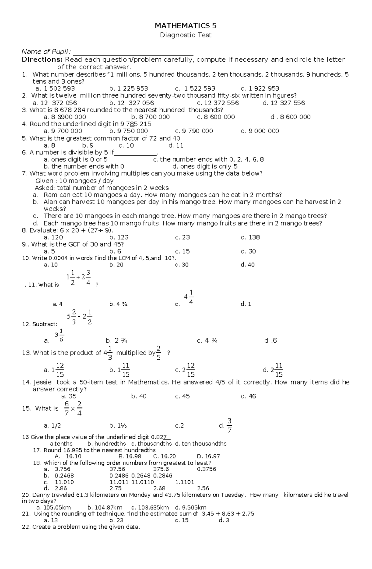 MATHEMATICS 5 Diagnostic Test: Comprehensive Review and Practice - Studocu