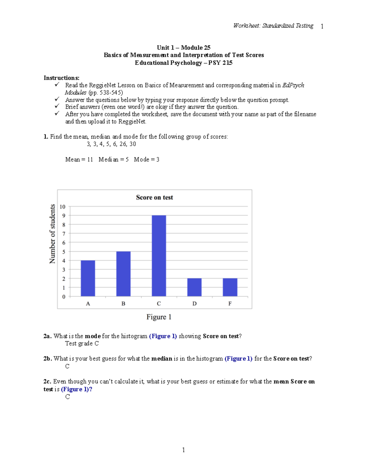 Worksheet 3 PSY 215 - Worksheet: Standardized Testing 1 1 Unit 1 ...