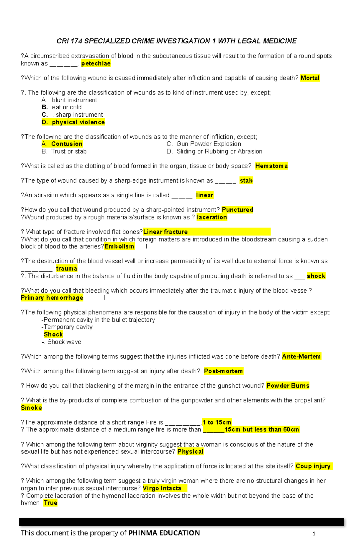 100 Questions CRI 174 Specialized Crime Investigation 1: Legal Medicine ...
