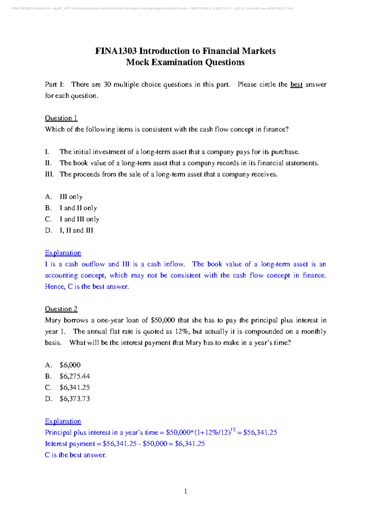 FINA1303 Mock Midterm Exam Questions - Financial Markets 2014 - Studocu