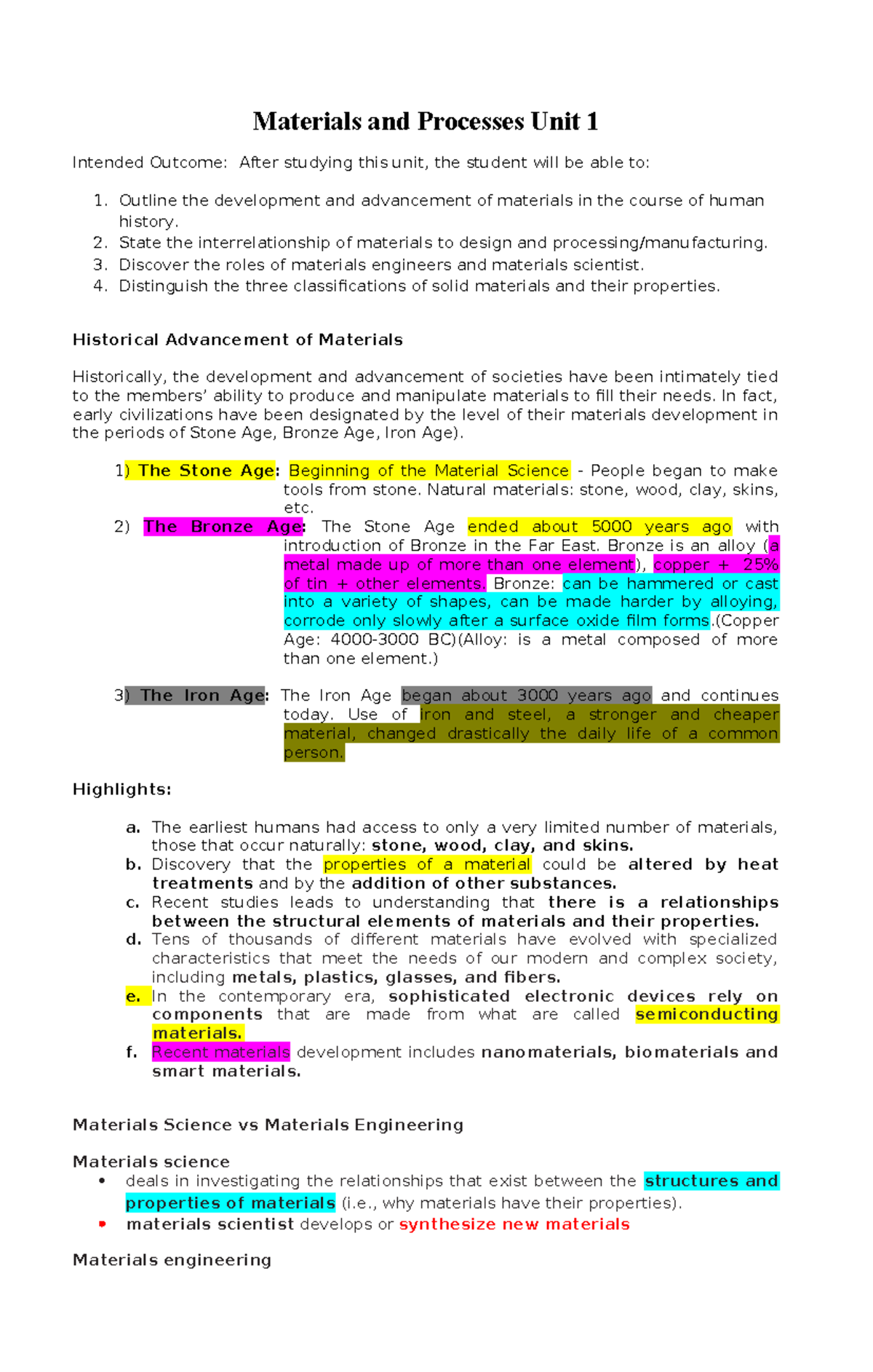 Materials and Processes Module: Unit 1 Overview and Insights - Studocu