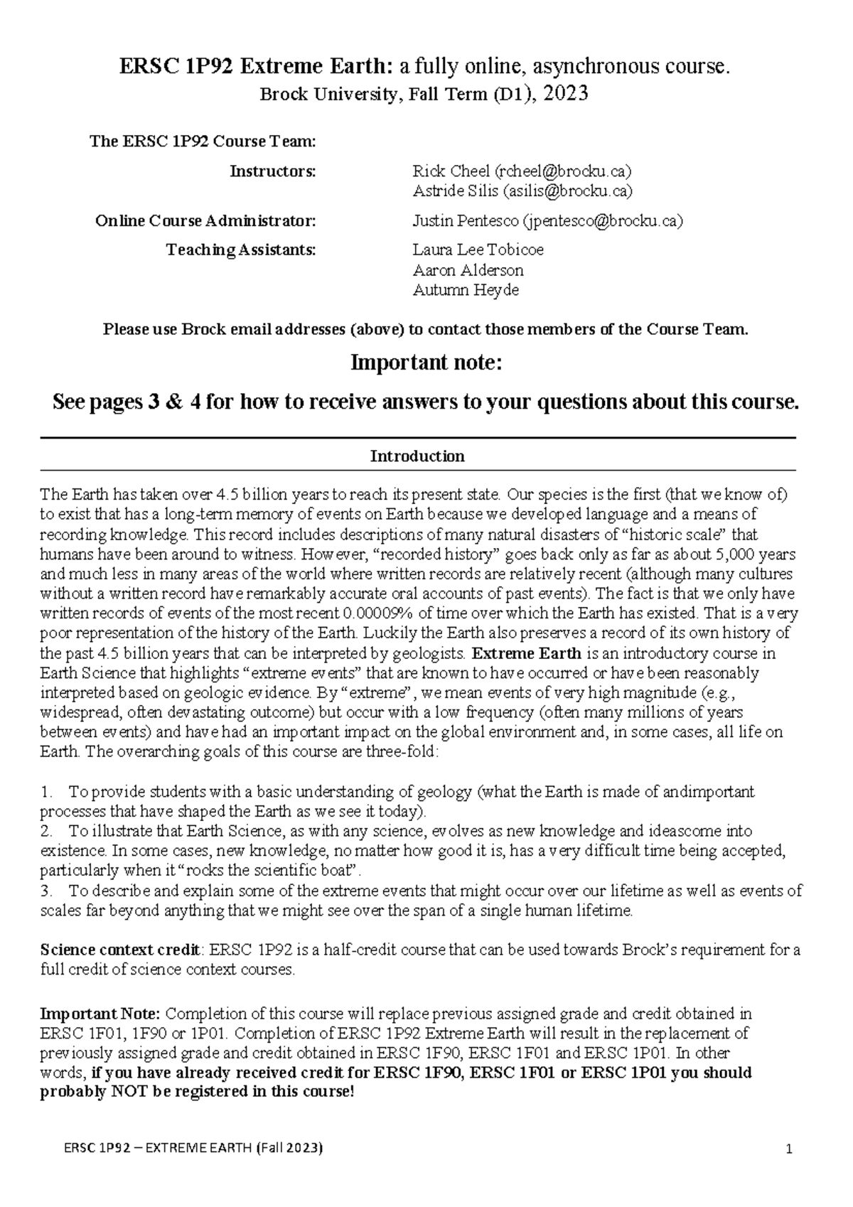 ERSC 1P92 Syllabus: Extreme Earth Course Details for Fall 2023 - Studocu