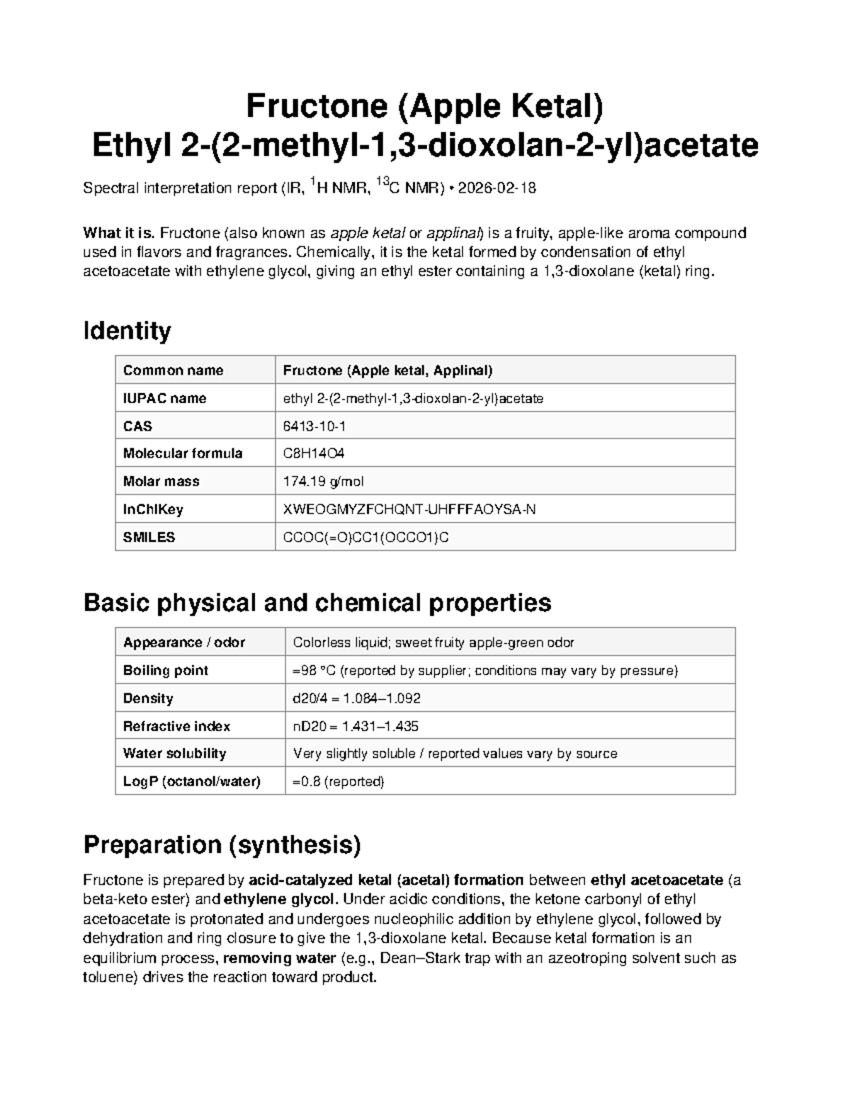 Fructone (Apple Ketal) Ethyl Spectral Analysis Report (IR, 1H, 13C ...