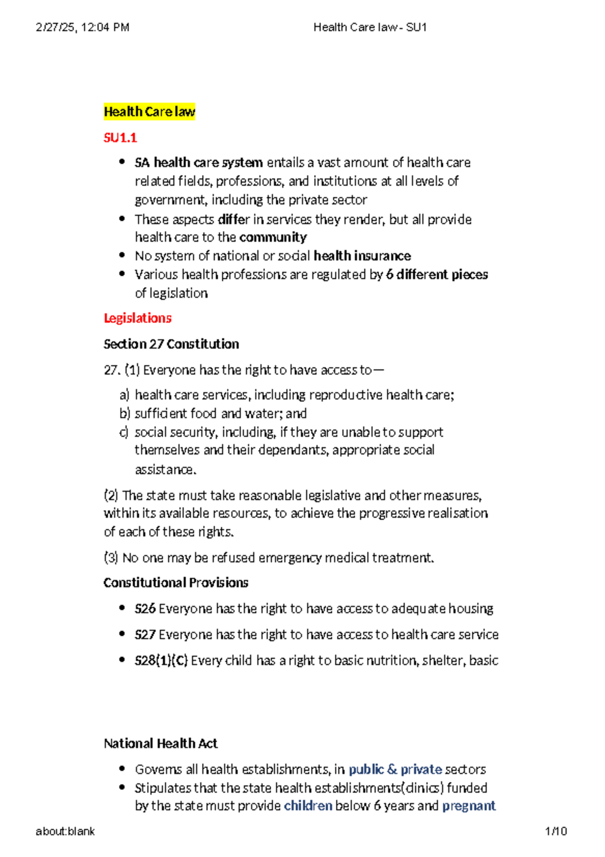 Health Care Law Overview - SU1 Notes and Key Legislation - Studocu