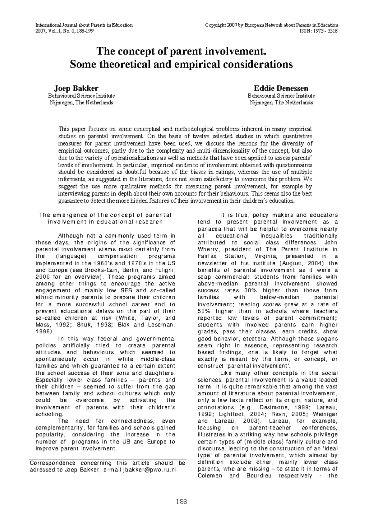 The Concept of Parental Involvement: Theoretical Insights and Empirical ...