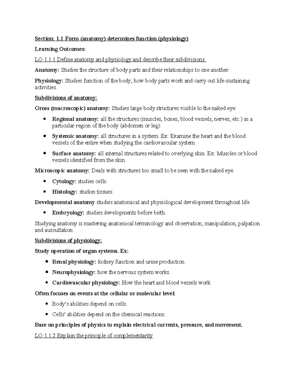 LO Notes for 1 - Anatomy & Physiology Chapter 2 Overview - Studocu