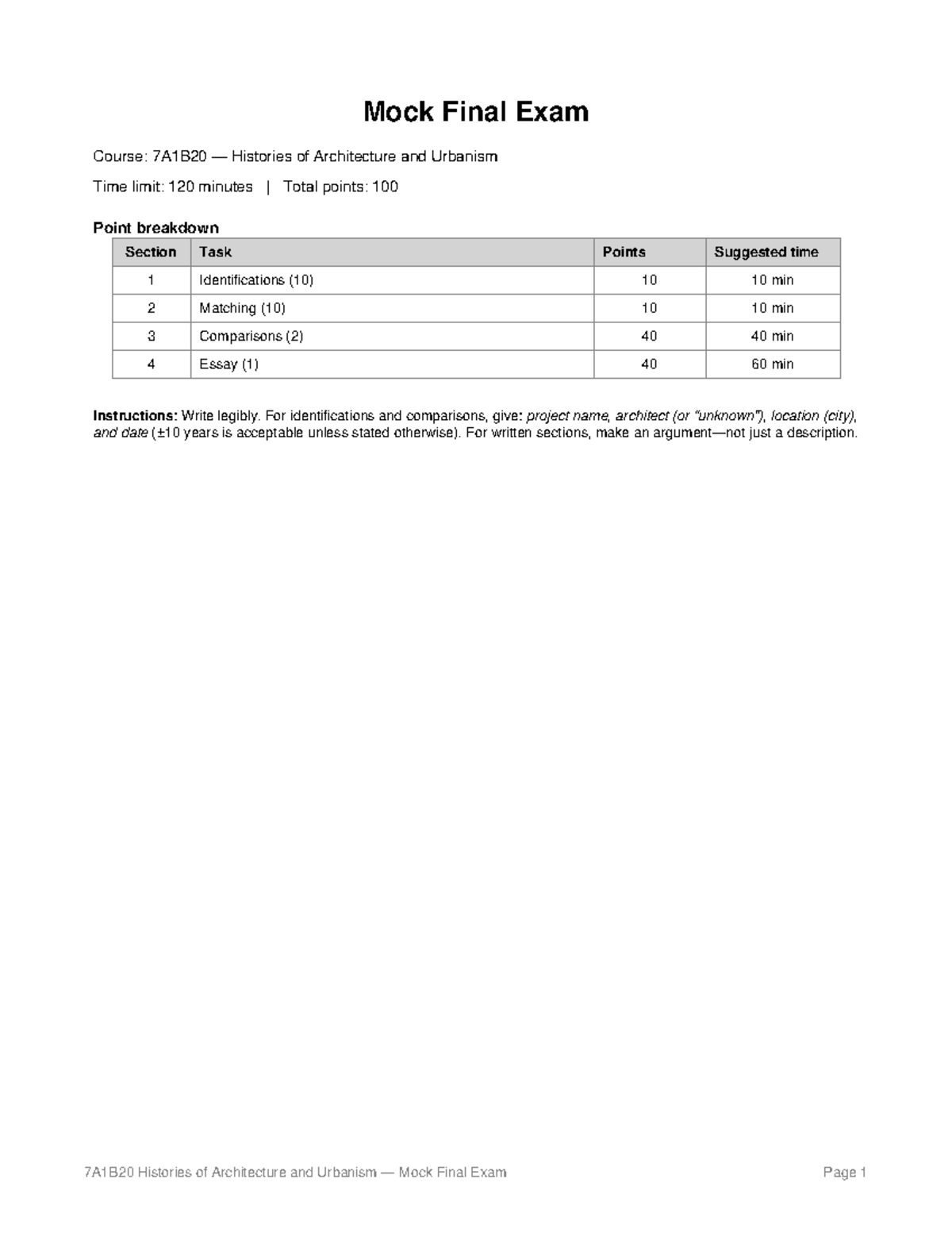 7A1B20 Histories of Architecture and Urbanism Mock Final Exam Guide ...