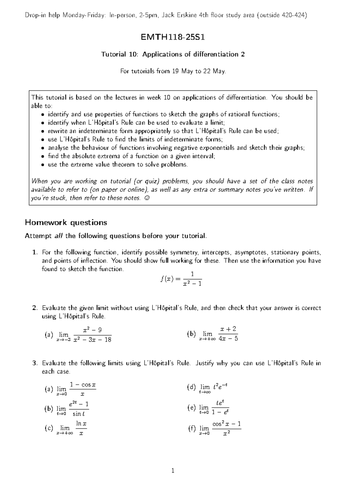 EMTH118 S1 Tutorial 10: Applications of Differentiation Questions - Studocu