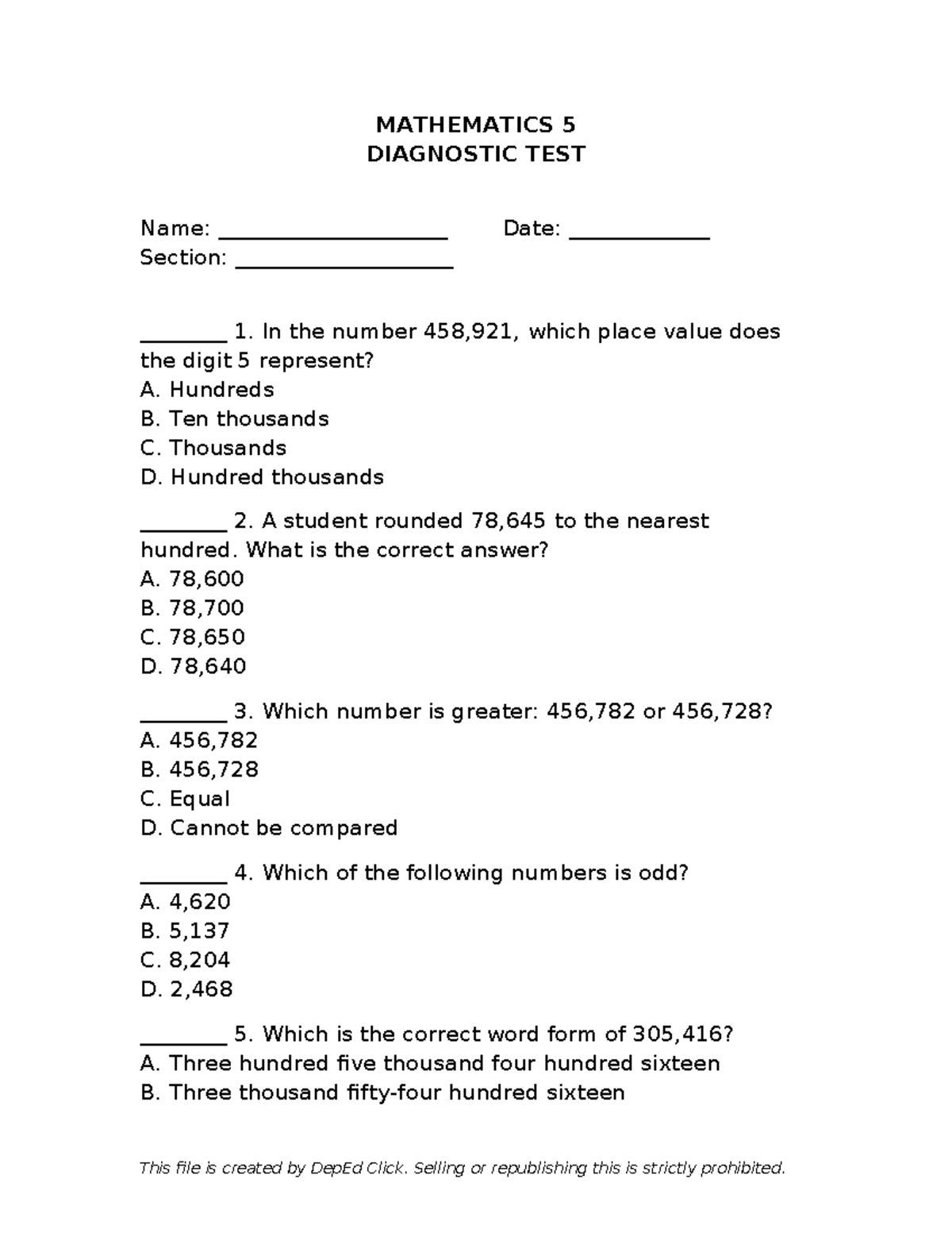 MATHEMATICS 5 DIAGNOSTIC TEST: Questions & Answer Key - Studocu