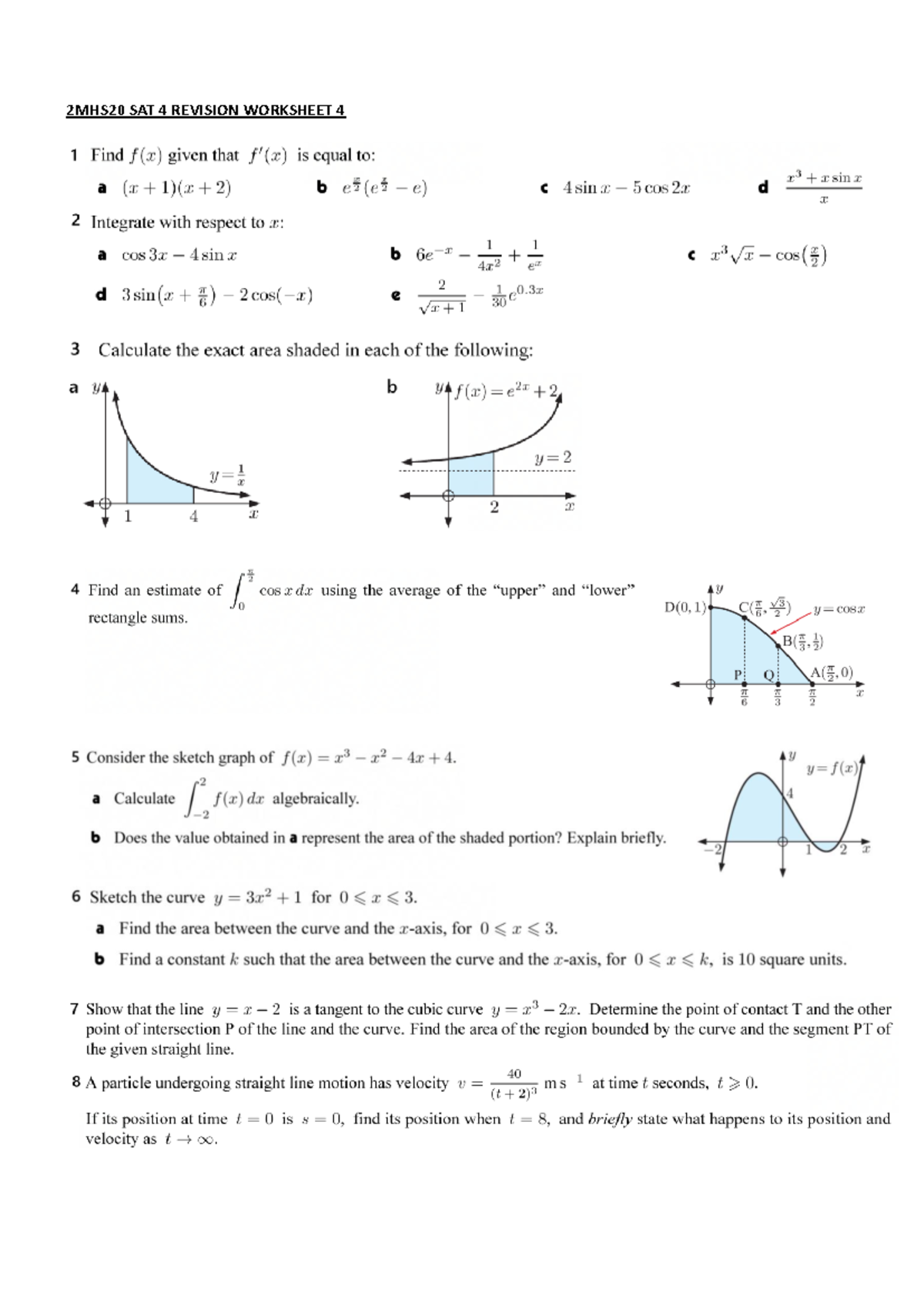 2MHS20 SAT 4 Revision Worksheet: Calculus and Area Problems - Studocu