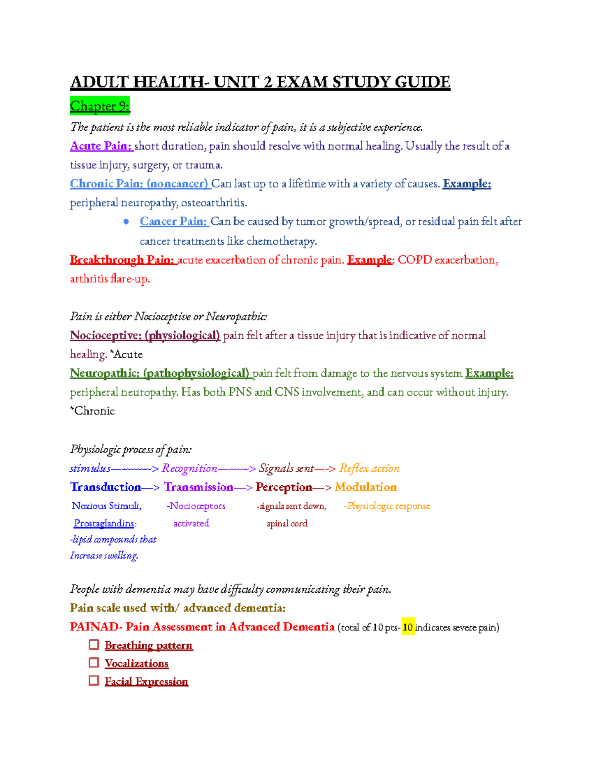 Adult Health - UNIT 2 EXAM Study Guide: Pain Management & Obesity ...