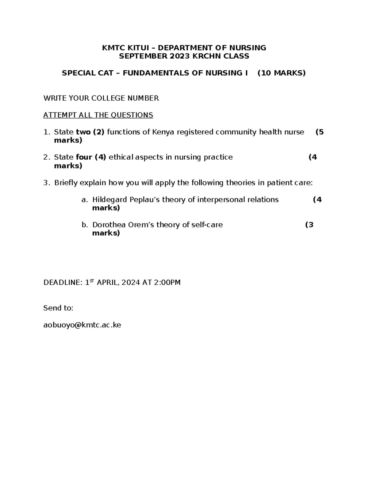 CAT- Fundamentals Nursing I - KMTC KITUI – DEPARTMENT OF NURSING ...