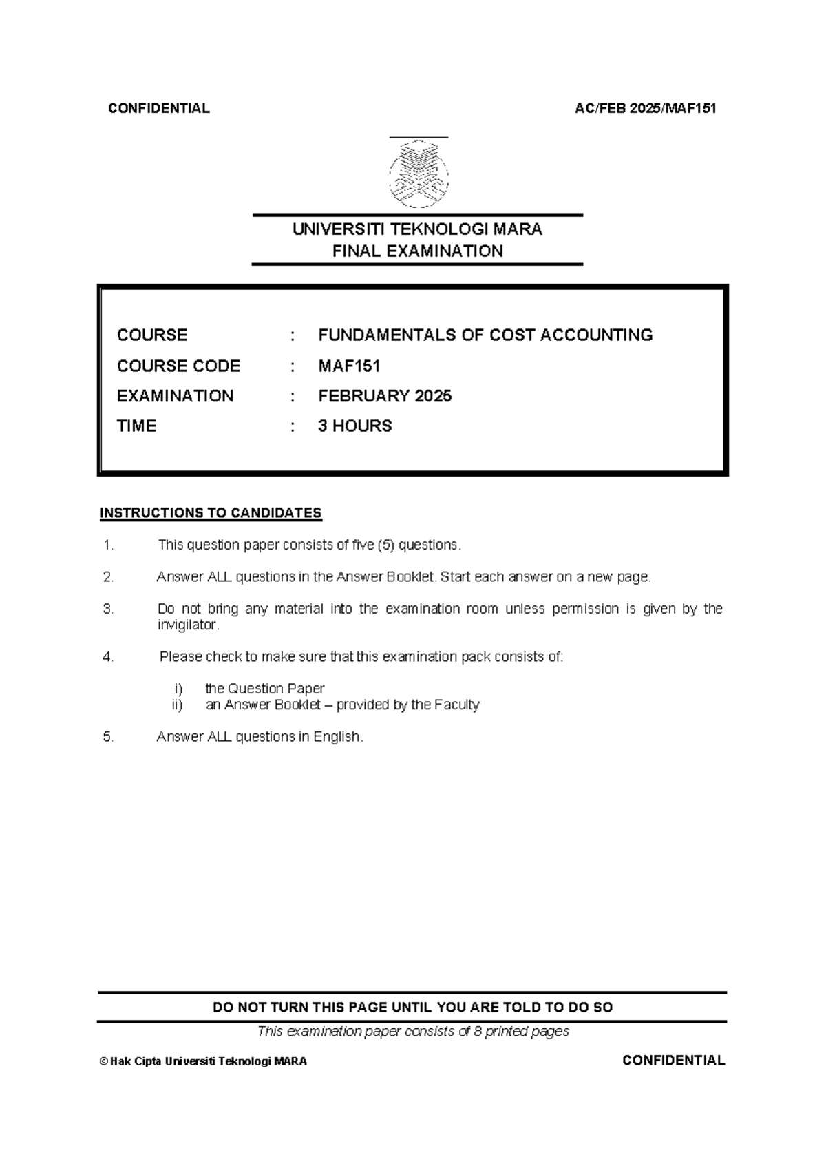 MAF151 Final Exam Paper - Fundamentals of Cost Accounting (Feb 2025 ...