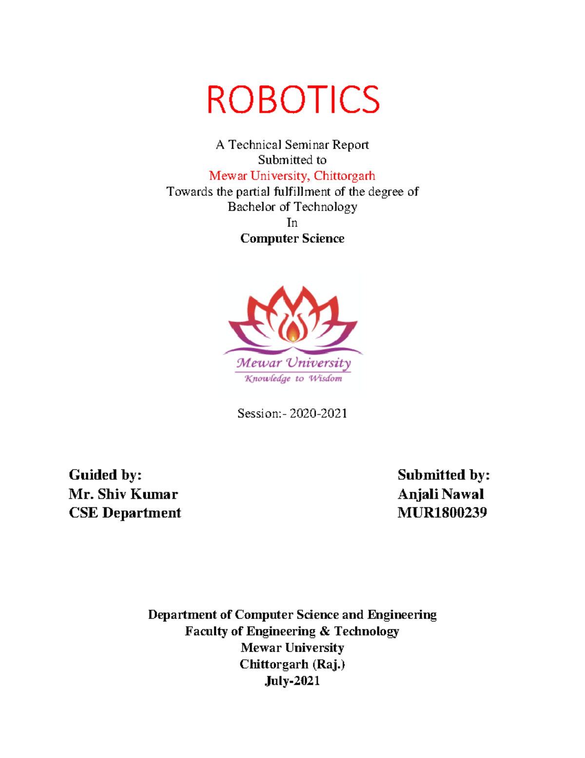Robotics Seminar Report by Anjali Nawal - B.Tech CSE Mewar University ...