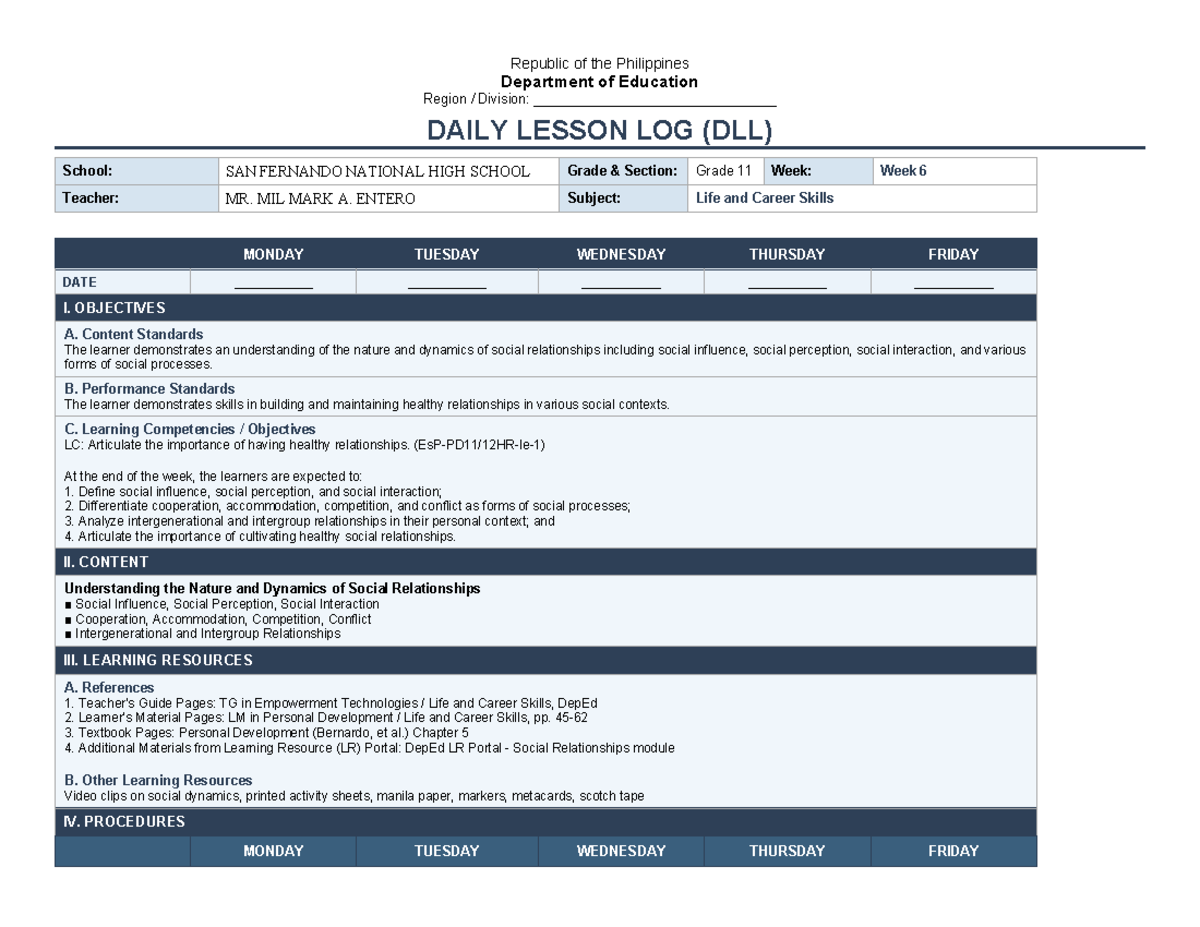 DLL Grade 11 Life and Career Skills: Week 6 Lesson Plan - Document Preview