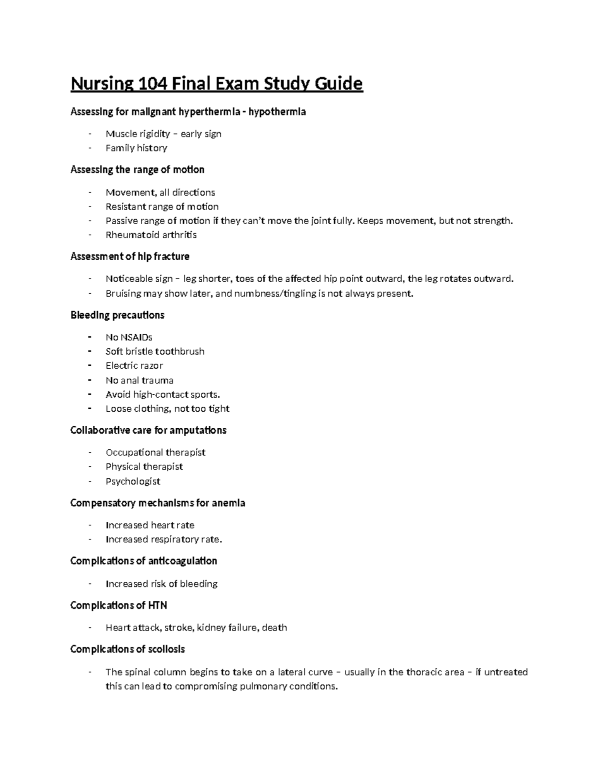 NUR 104 Final Exam Comprehensive Study Guide and Review Notes - Studocu