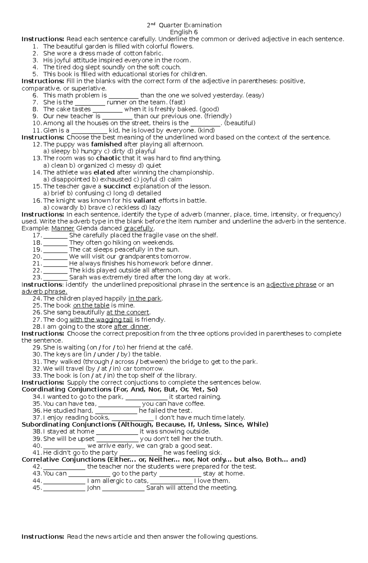 2nd Quarter Examination Review for English 6 - Studocu