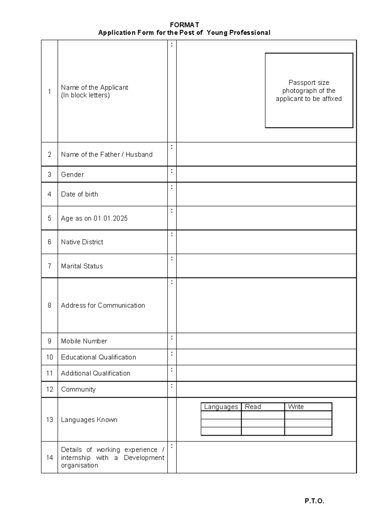 Application Form for the Post of Young Professional - T. 1 Name of the ...
