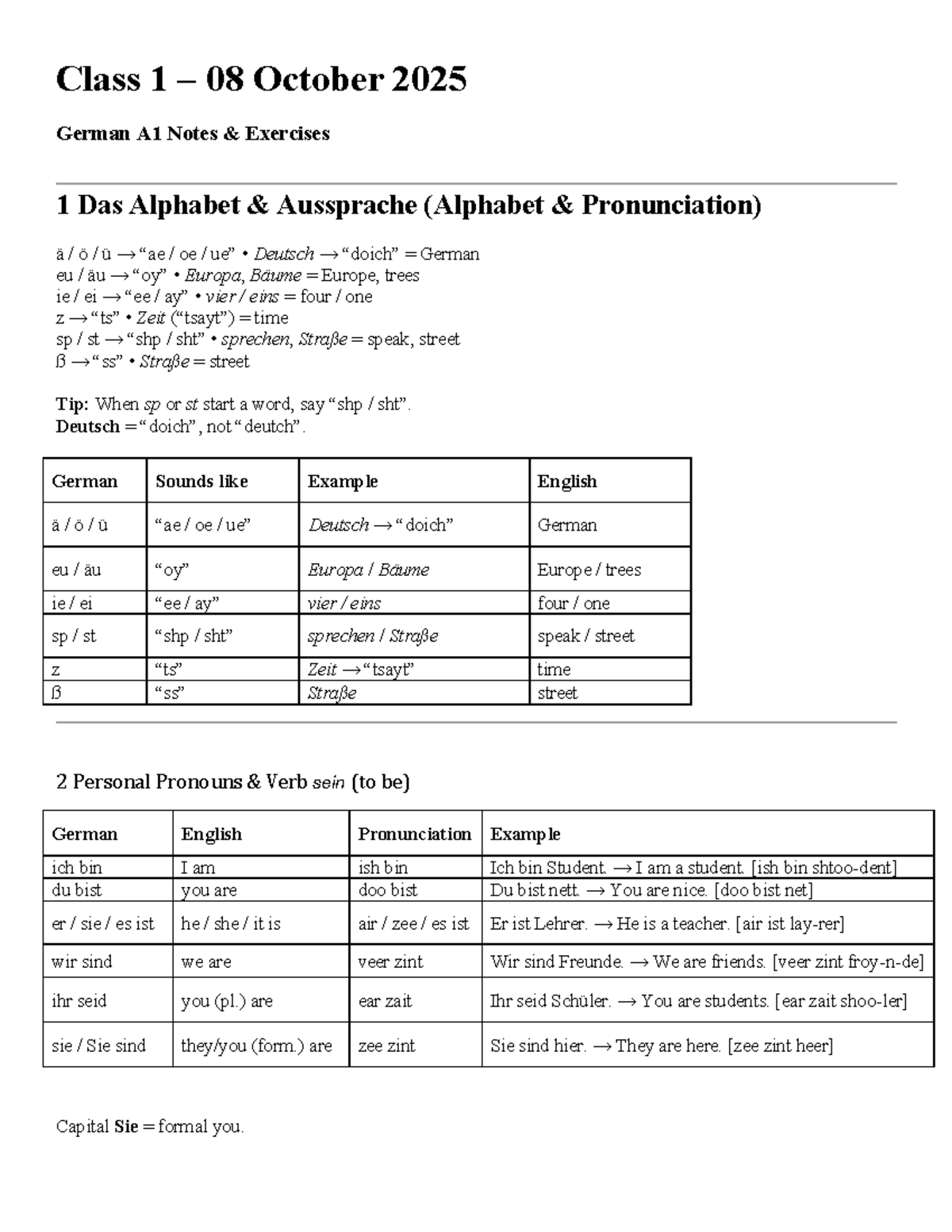 German A1 Lecture Notes & Exercises (Class 1) - Studocu