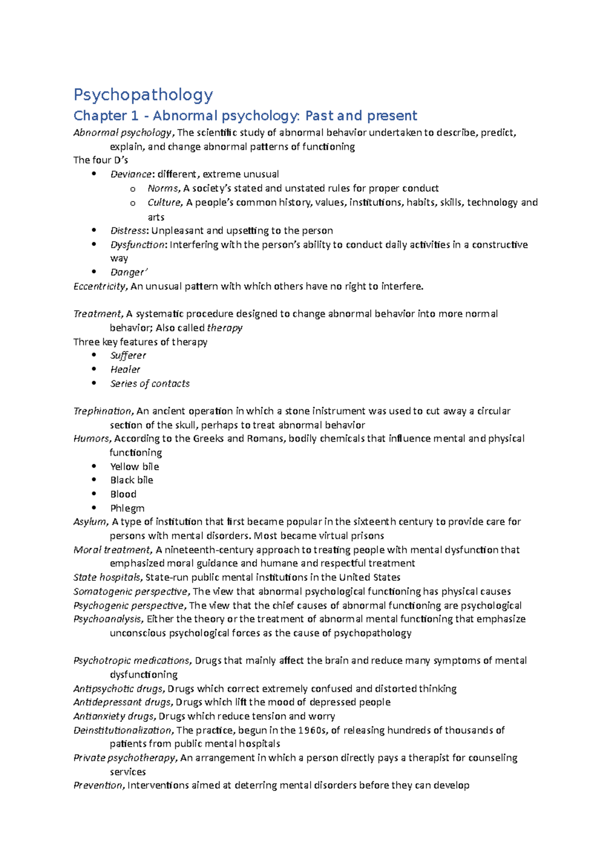 Psychopathology Chapter 1: Key Terms in Abnormal Psychology - Studeersnel