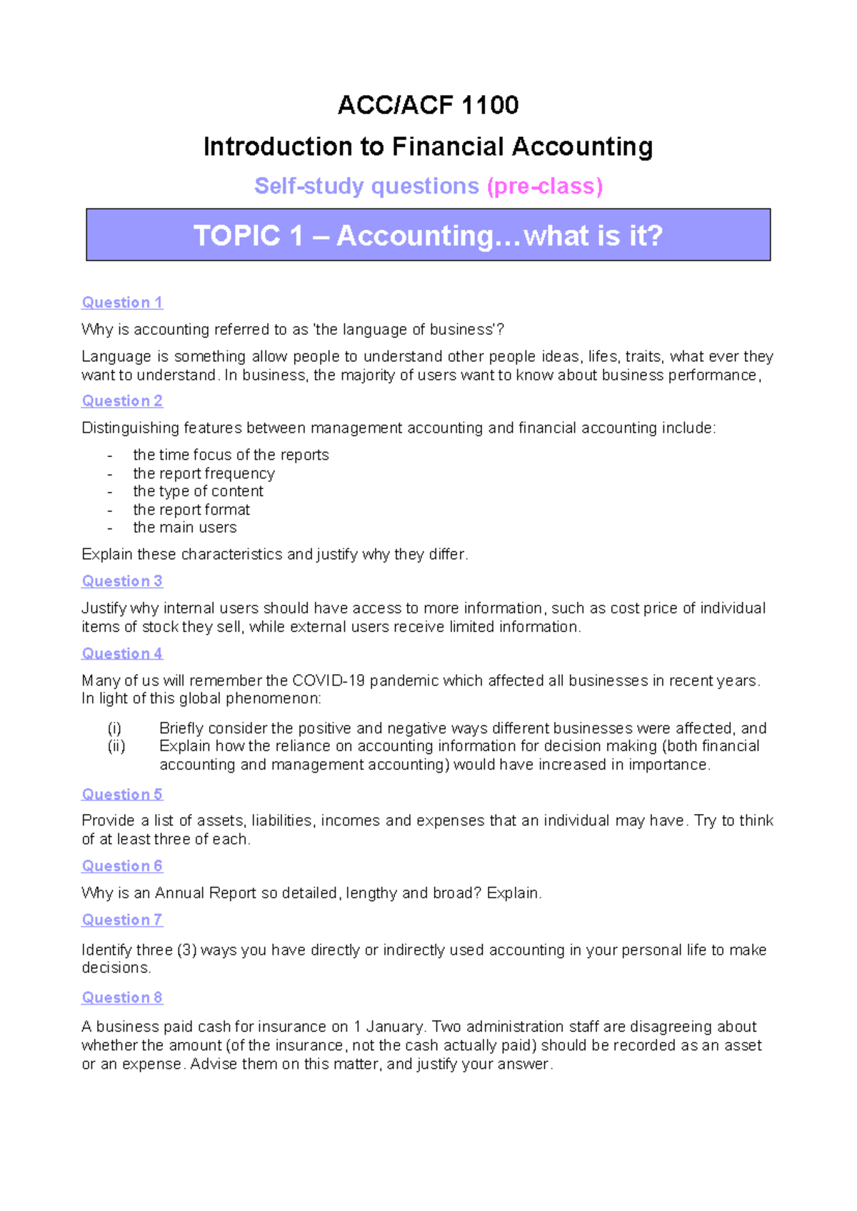 1100 Intro to Financial Accounting: Week 1 Self Study Questions - Studocu