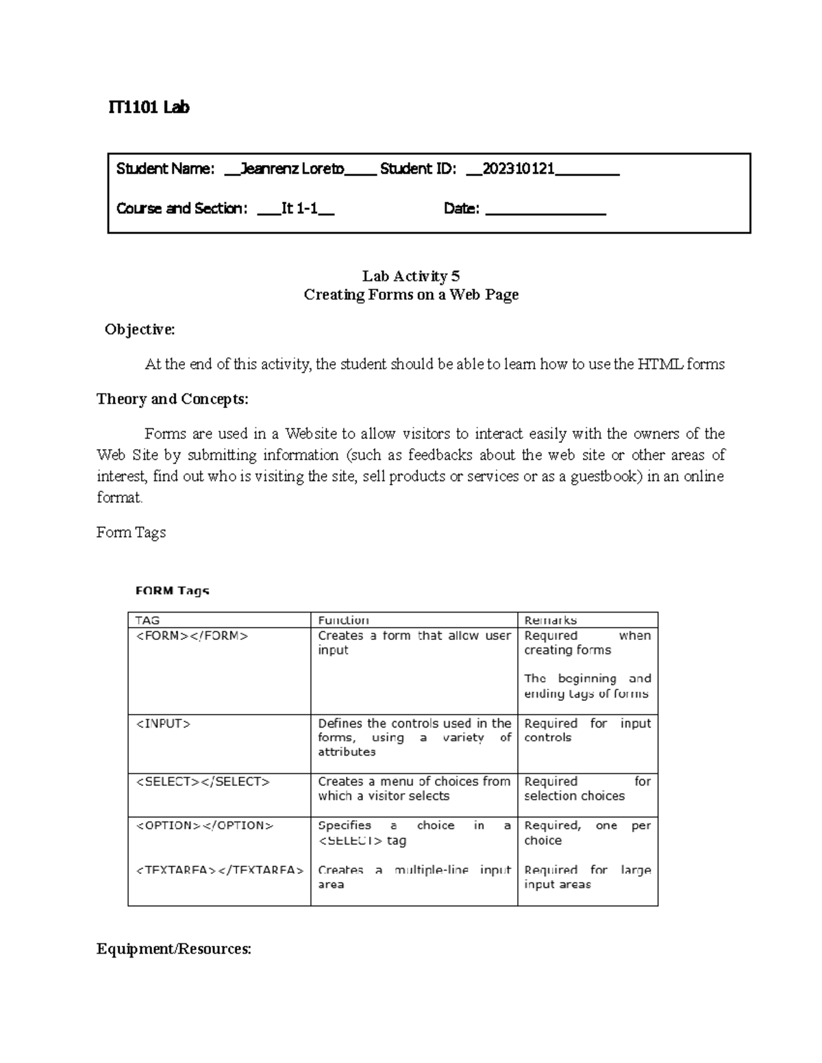 Activity 5- HTML Forms - anon - IT1101 Lab Lab Activity 5 Creating ...
