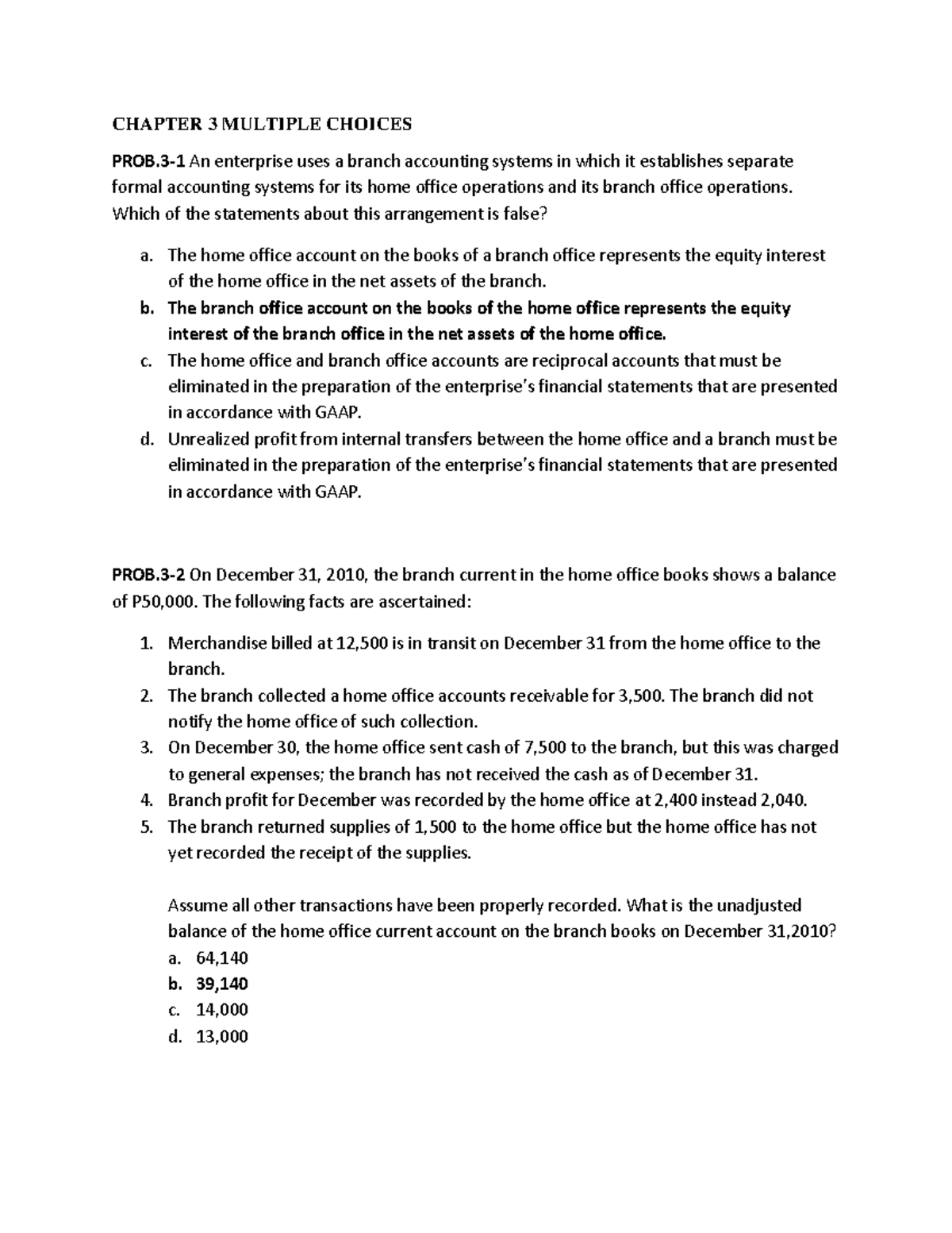 CHAPTER 3 MULTIPLE CHOICE QUESTIONS ON BRANCH ACCOUNTING SYSTEMS - Studocu