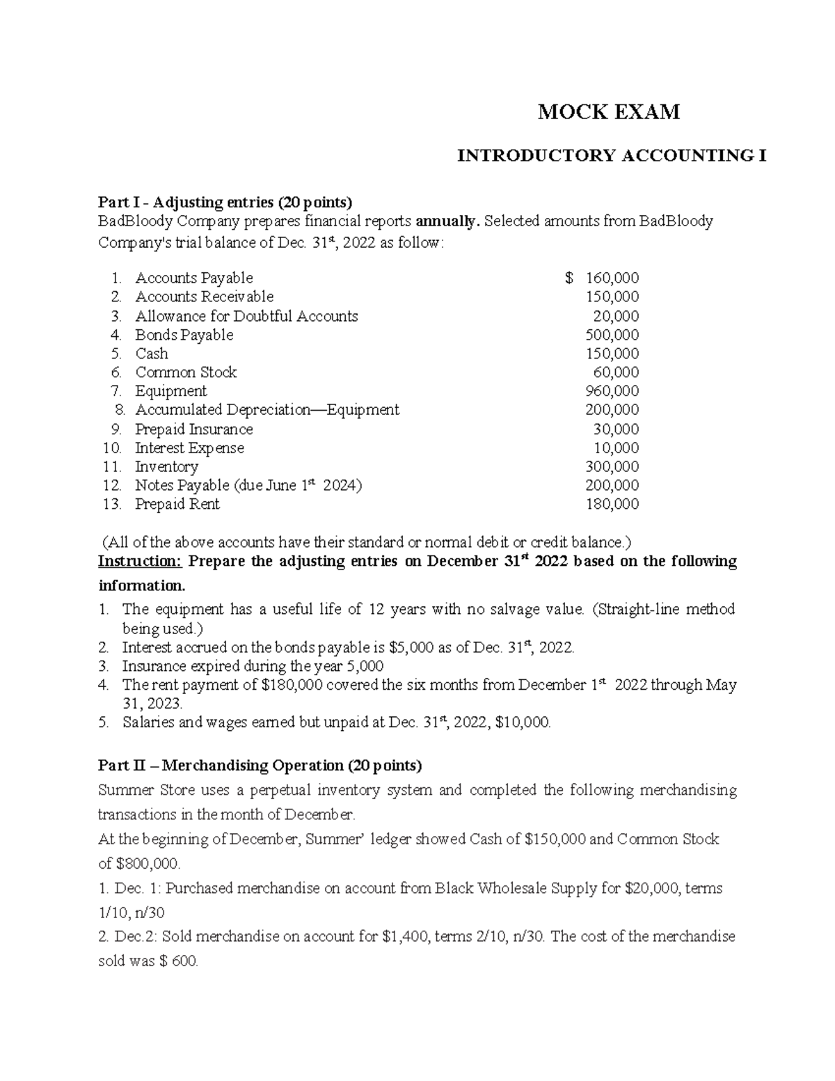 @ Mock Exam - Introductory Accounting I Study Guide - Studocu