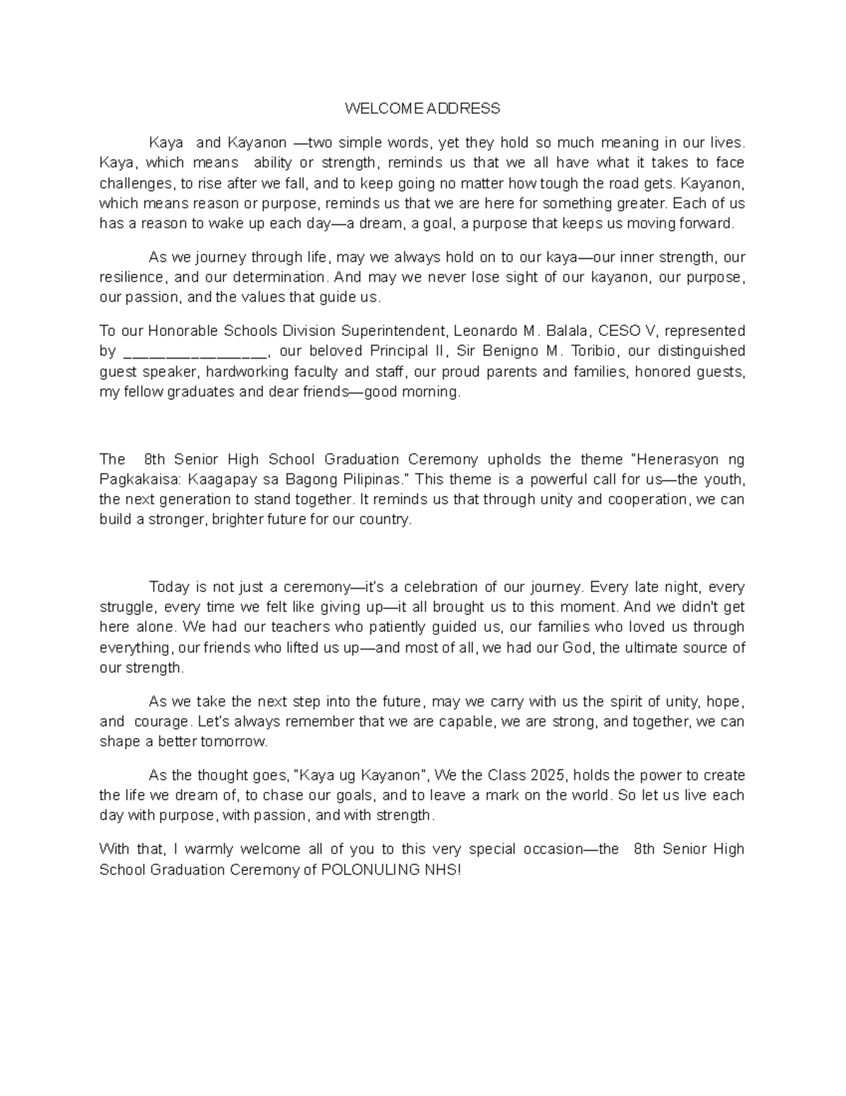 Welcome Address for SHS Graduation Ceremony - POLONULING NHS - Studocu