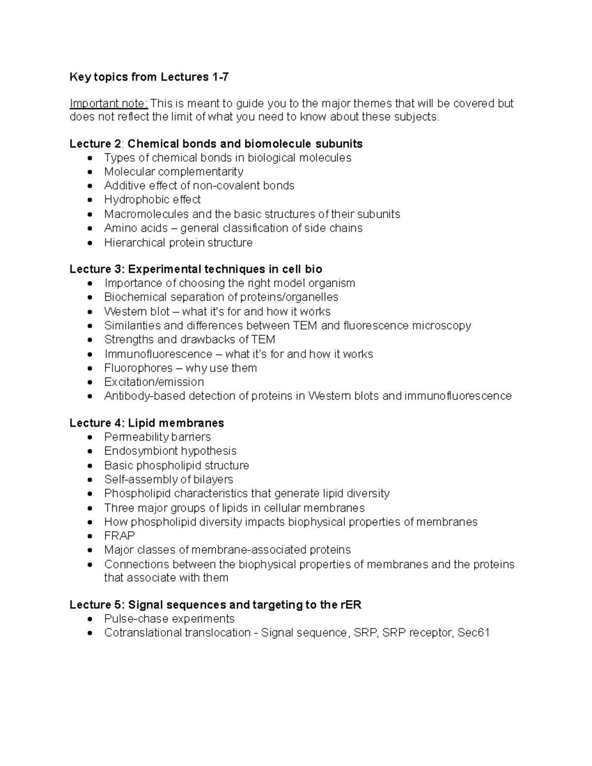 Key Topics from Lectures 1-7 in Cell Biology - Studocu