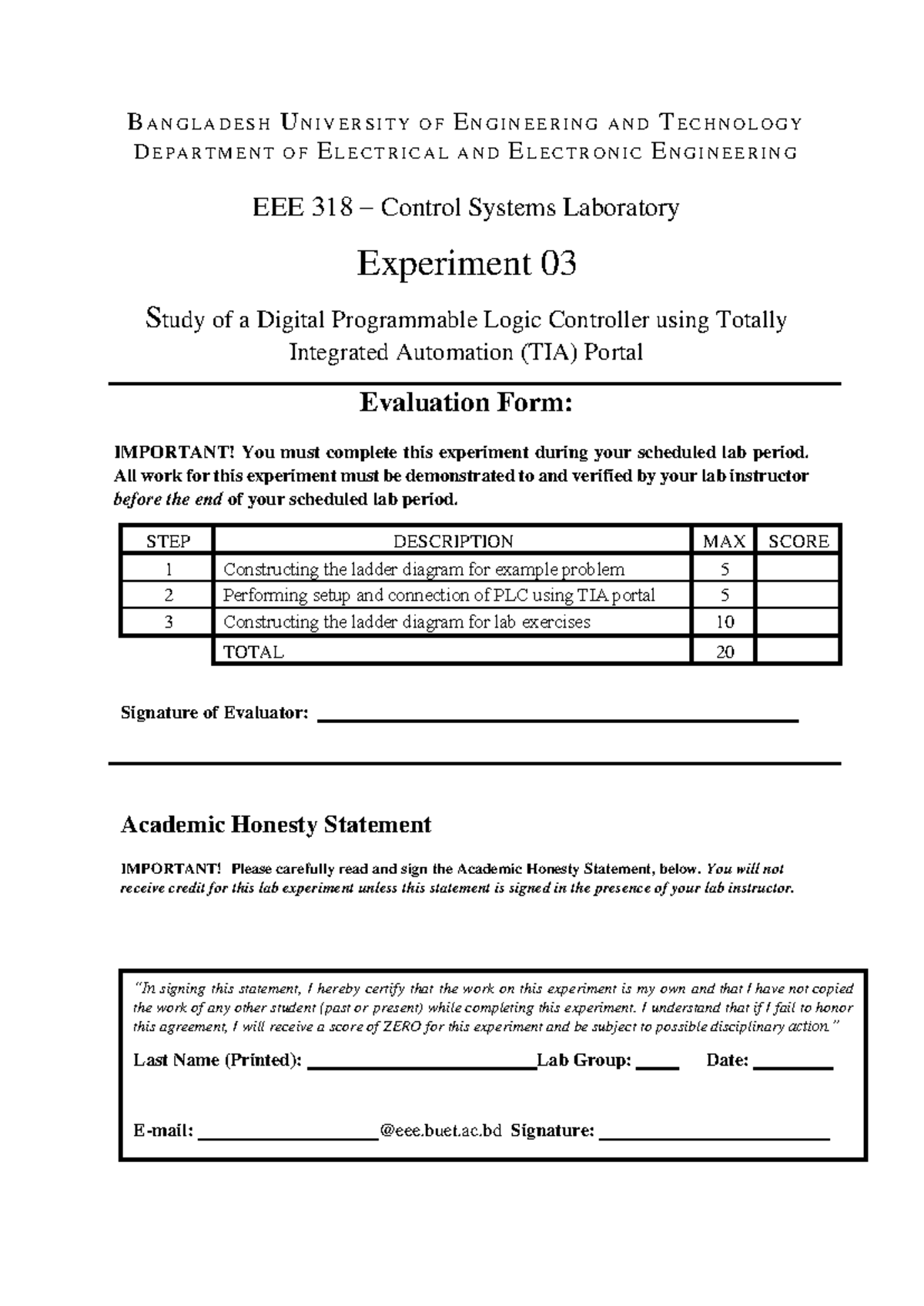 EEE 318 Control Systems Lab: Digital PLC Experiment 03 Report - Studocu