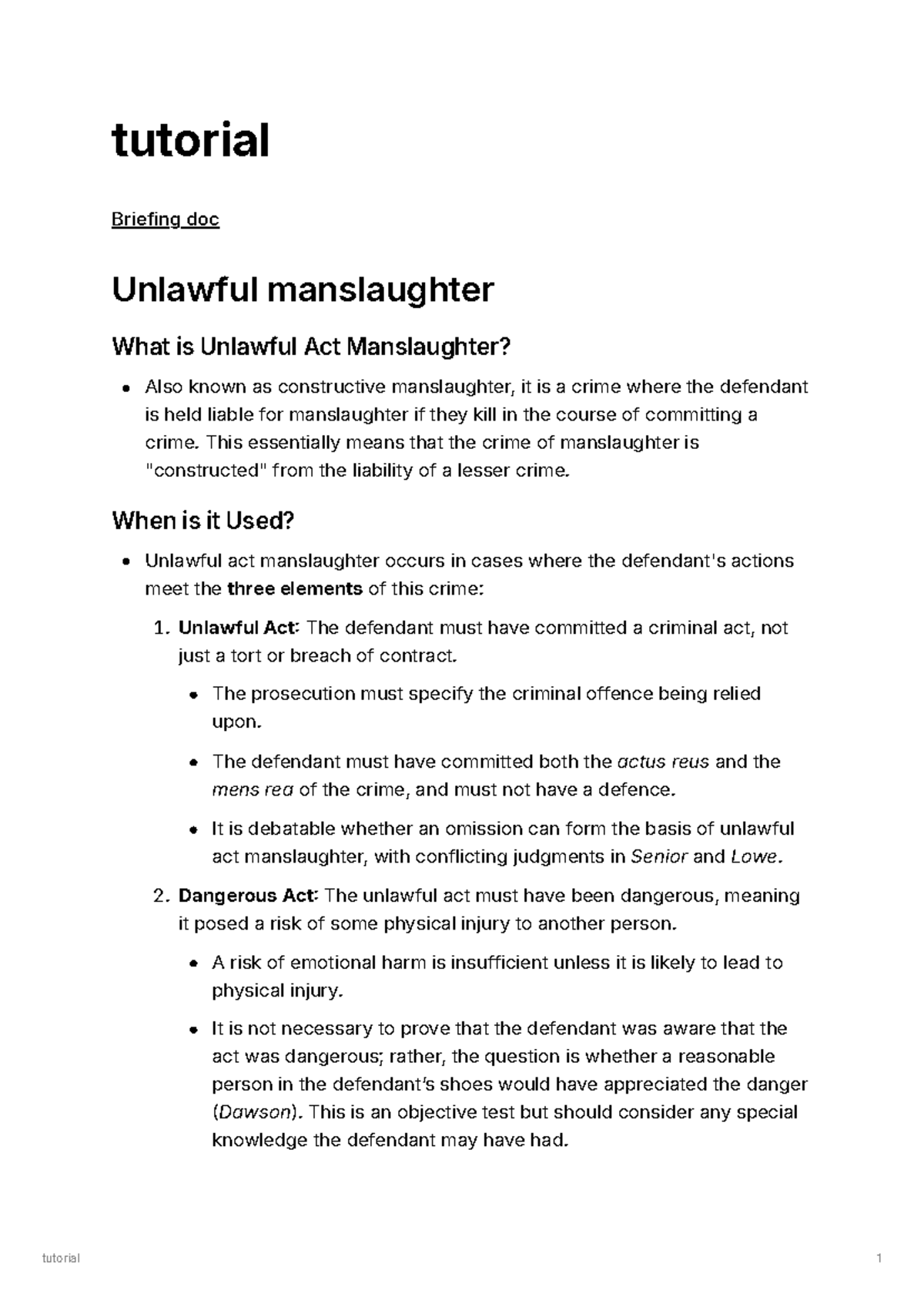 Involuntary homicide - tutorial Briefing doc Unlawful manslaughter What ...