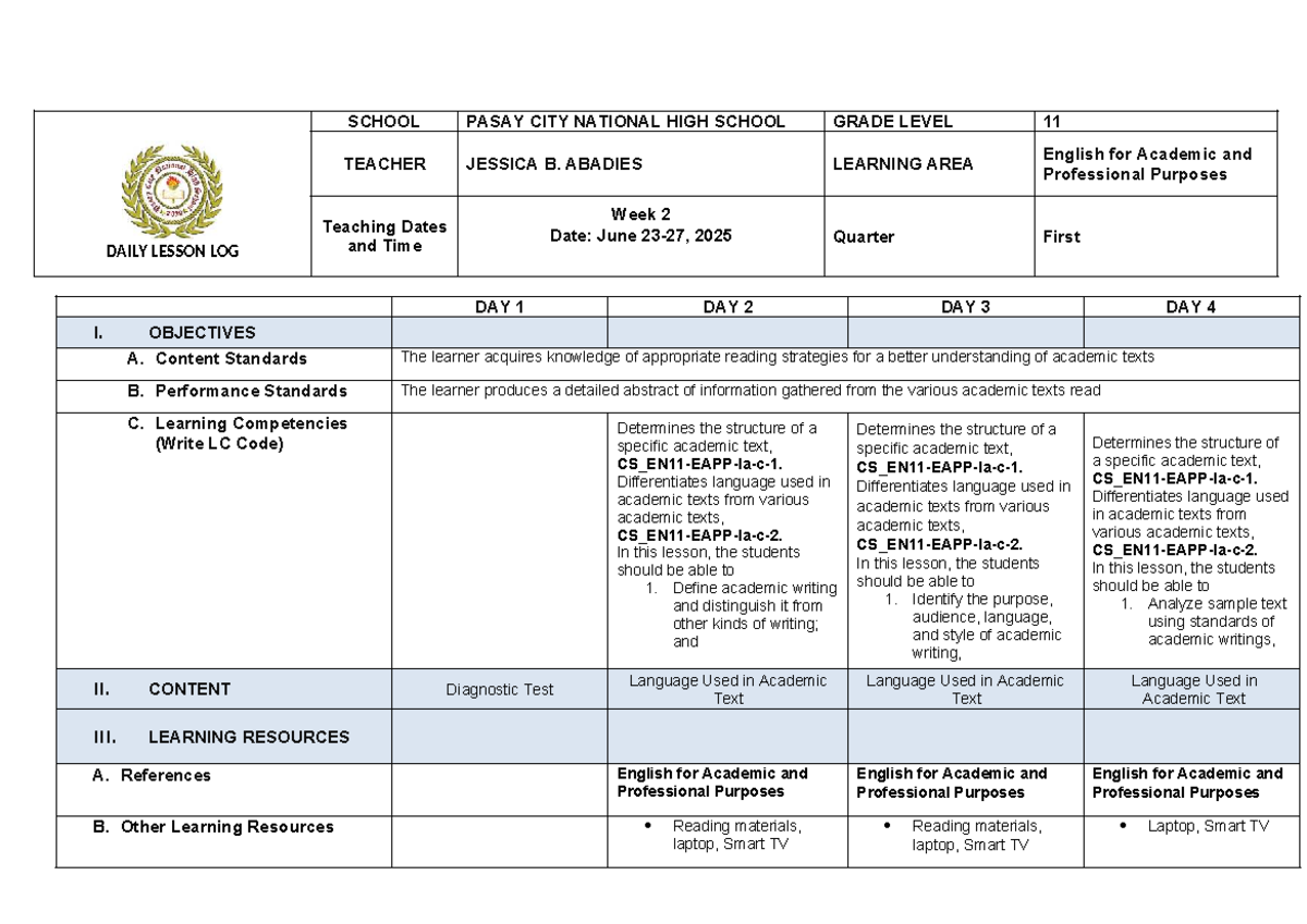 EAPP 11 Q1 W2 - Daily Lesson Log for English Academic Writing - Studocu