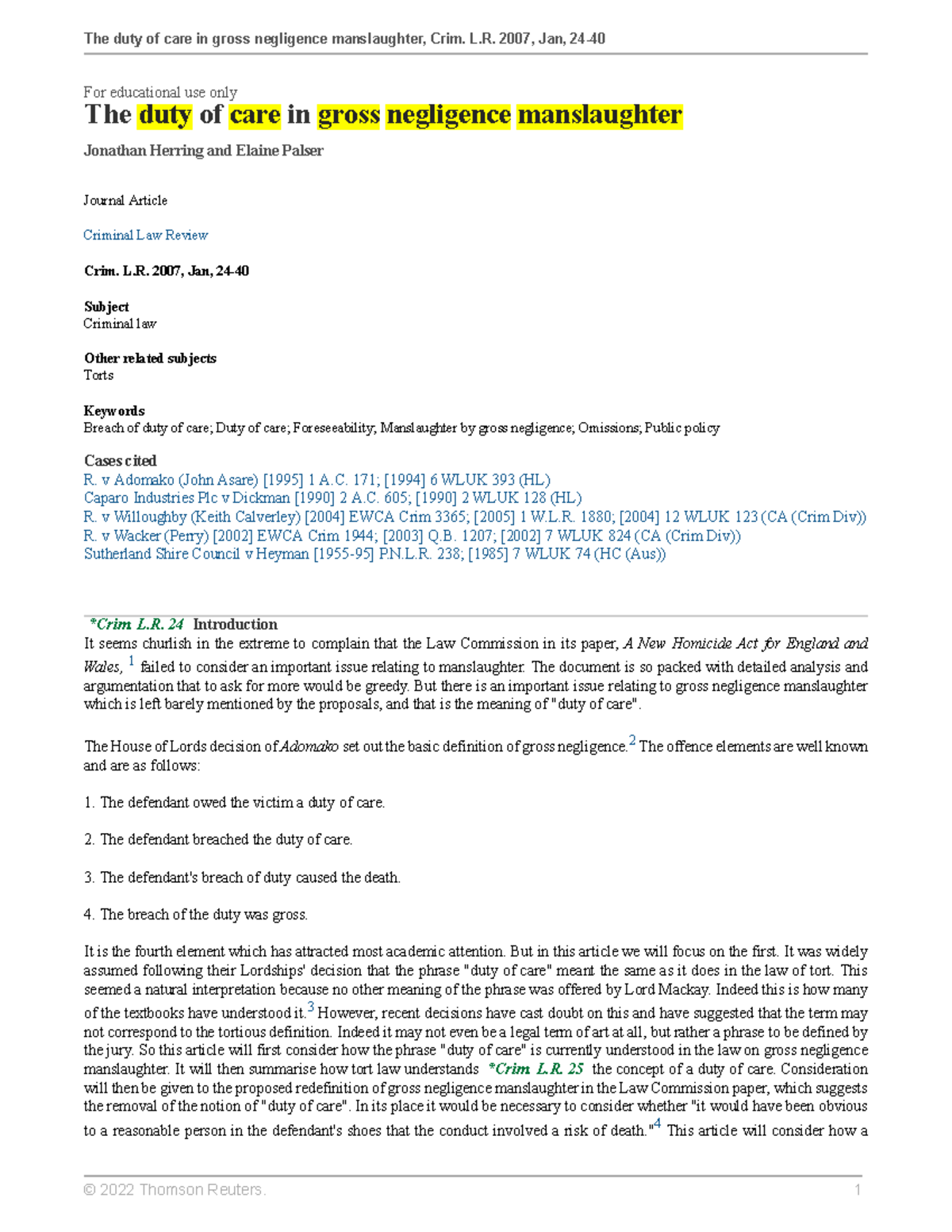 Crim. L.R. 2007: Duty of Care in Gross Negligence Manslaughter Analysis ...